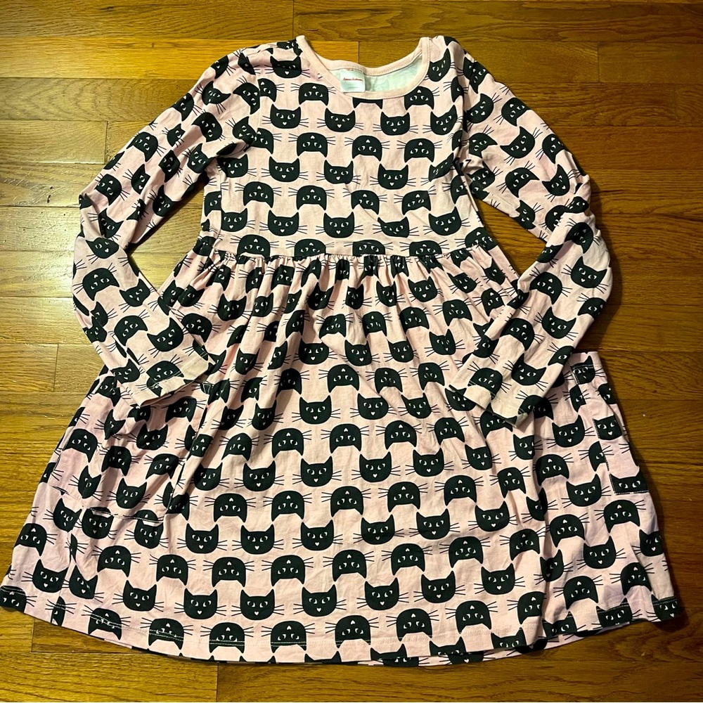Hanna Andersson Size 12 Girls Light Pink Black Cat Pocket long sleeve dress